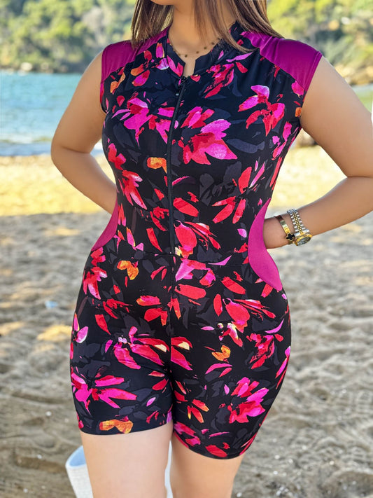 Maillot de bain 2 pièces combi noir paréo rose NEREA