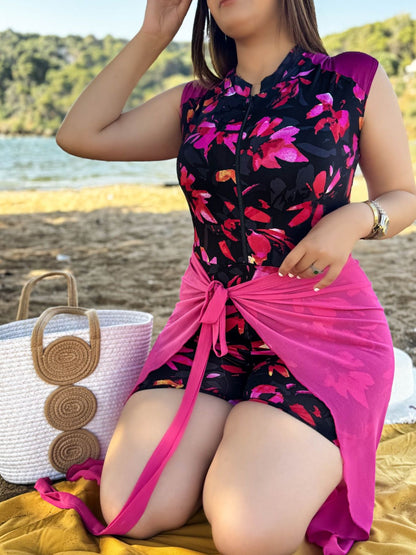 Maillot de bain 2 pièces combi noir paréo rose NEREA