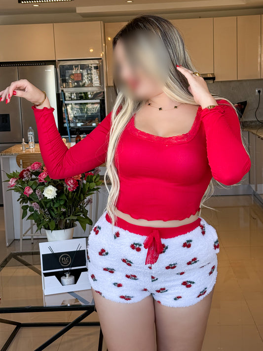 Pyjama crop-top  short femme rouge motif cerise FLAFFY