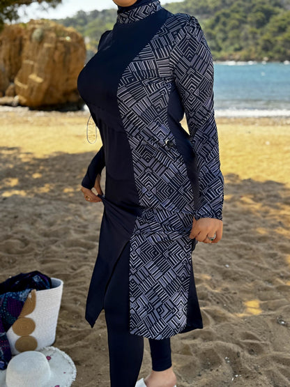 Burkini 3 pièces bleu a rayure blanc CORALINE