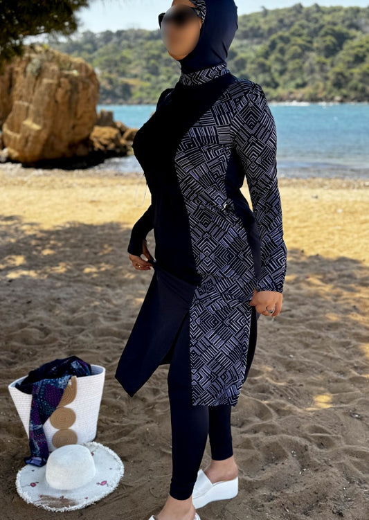 Burkini 3 pièces bleu a rayure blanc CORALINE