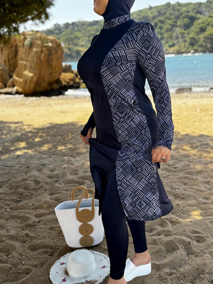 Burkini 3 pièces bleu a rayure blanc CORALINE