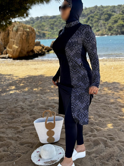 Burkini 3 pièces bleu a rayure blanc CORALINE