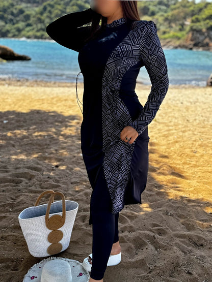 Burkini 3 pièces bleu a rayure blanc CORALINE