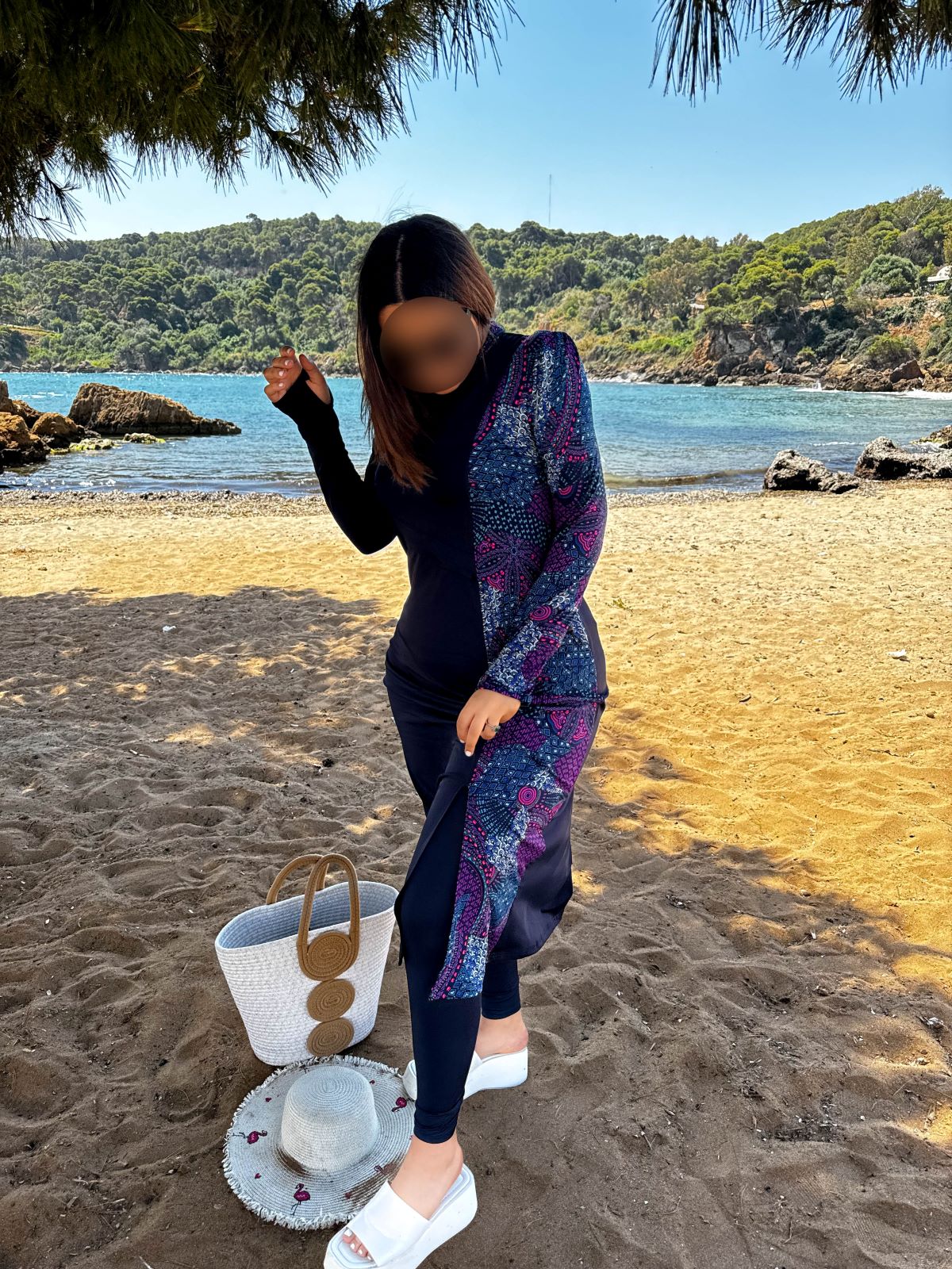 Burkini 3 pièces bleu a motif violet CORALINE