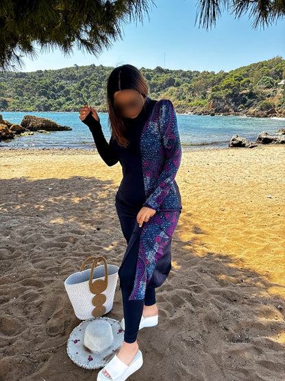 Burkini 3 pièces bleu a motif violet CORALINE