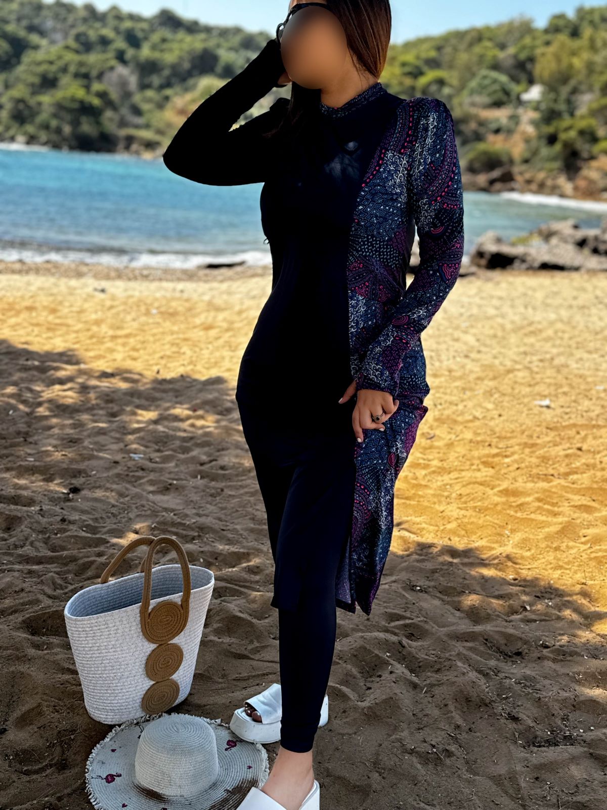 Burkini 3 pièces bleu a motif violet CORALINE