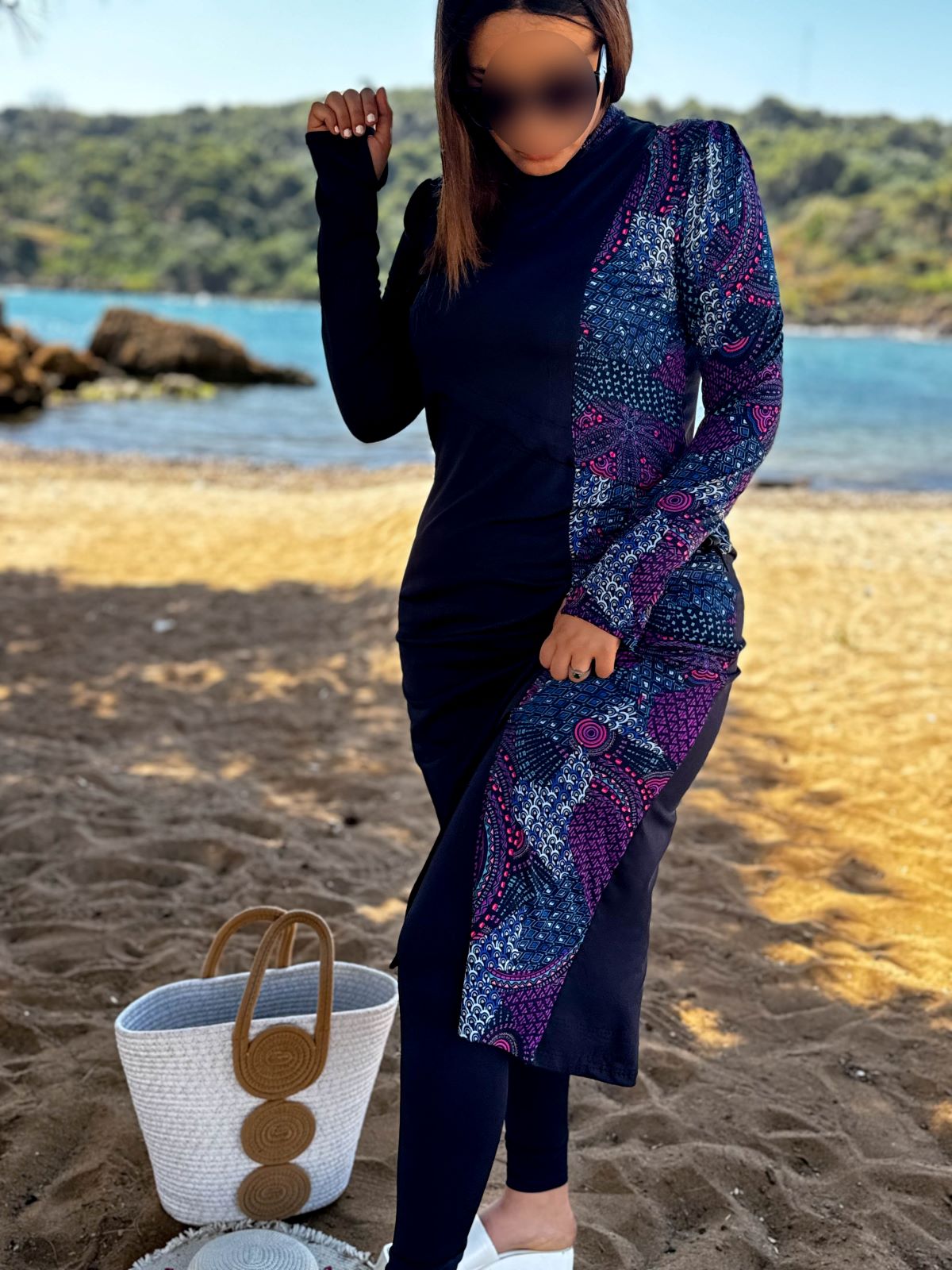 Burkini 3 pièces bleu a motif violet CORALINE