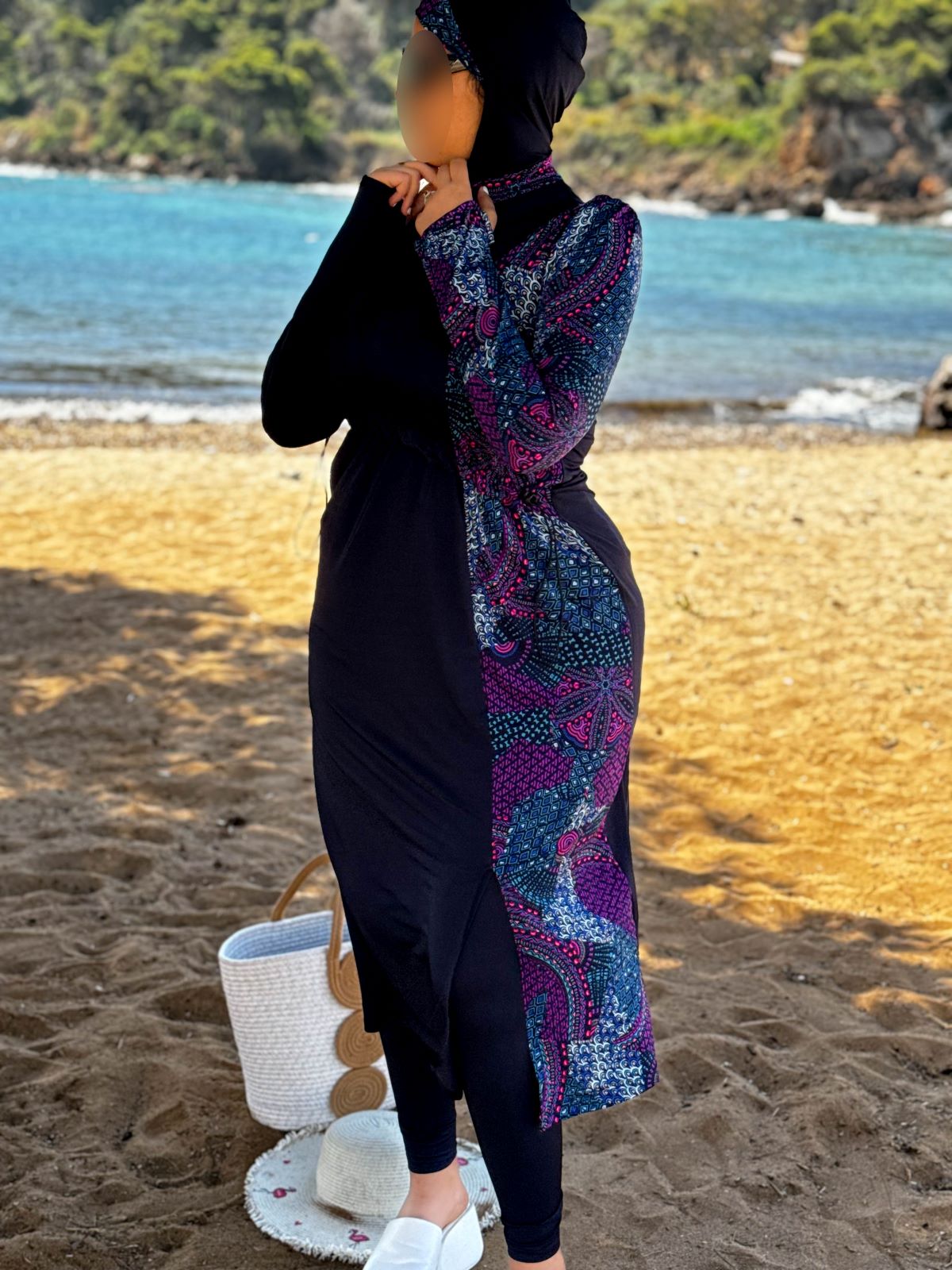 Burkini 3 pièces bleu a motif violet CORALINE