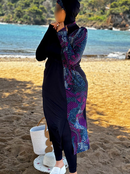Burkini 3 pièces bleu a motif violet CORALINE