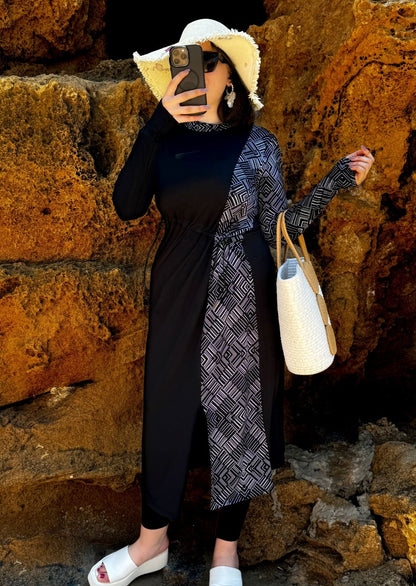 Burkini 3 pièces noir a rayure blanc CORALINE