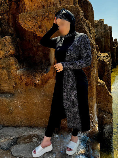 Burkini 3 pièces noir a rayure blanc CORALINE