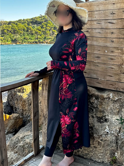 Burkini 3 pièces noir a motif rouge CORALINE
