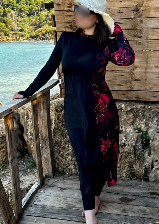 Burkini 3 pièces noir a motif rouge CORALINE