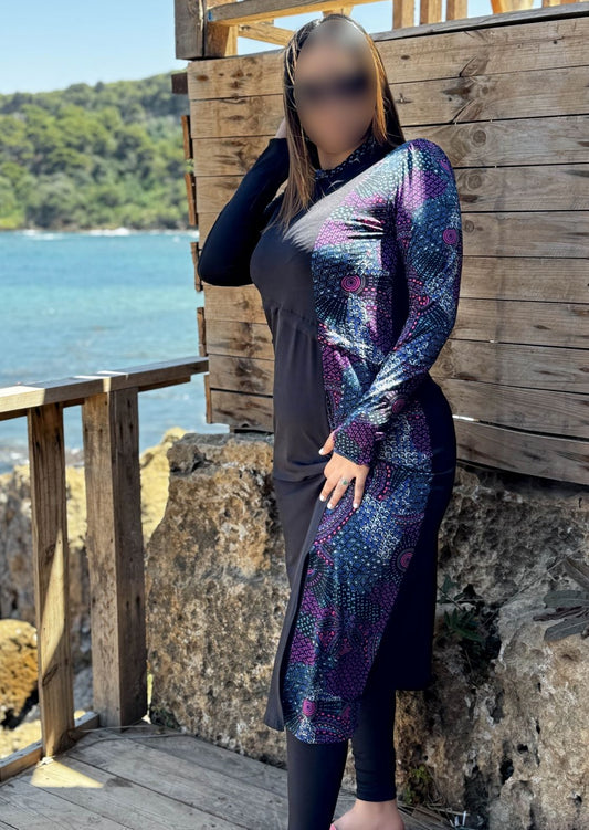 Burkini 3 pièces noir a motif violet CORALINE