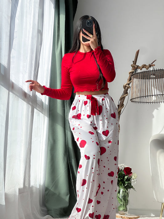 Pyjama crop-top femme rouge motif coeur ADRIANA