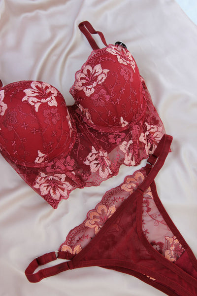 Ensemble Soutien-gorge fleuri bordeaux LOLLY