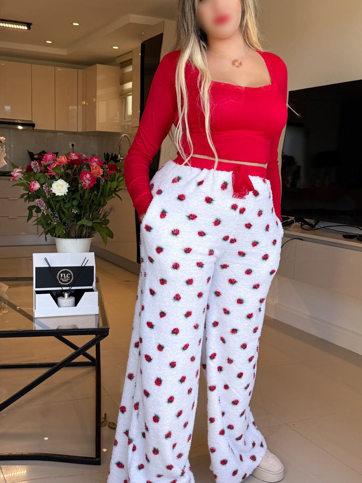 Pyjama crop-top femme rouge motif fraise FLAFFY