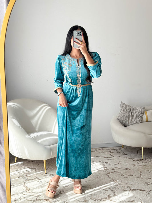 Robe d'hôtesse velours bleu vert  CHAHRAZED