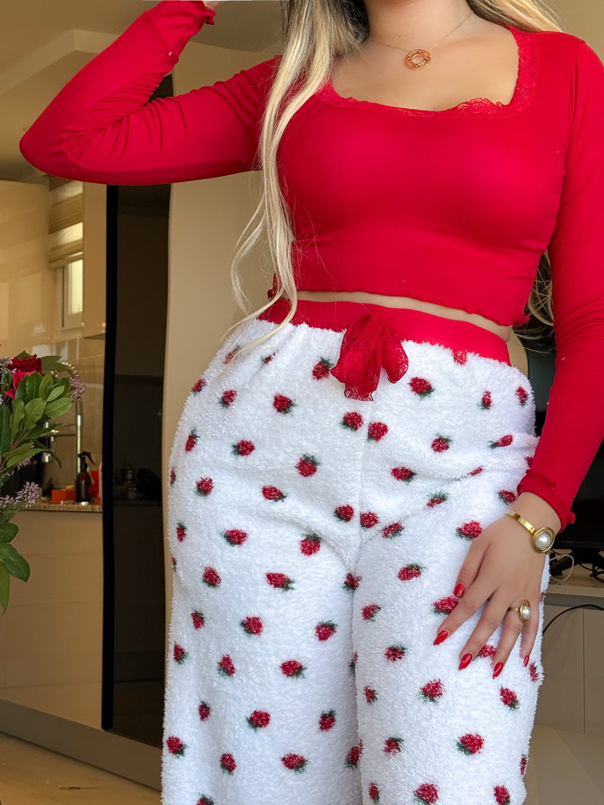 Pyjama crop-top femme rouge motif fraise FLAFFY