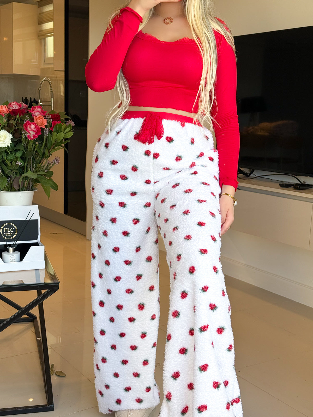 Pyjama crop-top femme rouge motif fraise FLAFFY