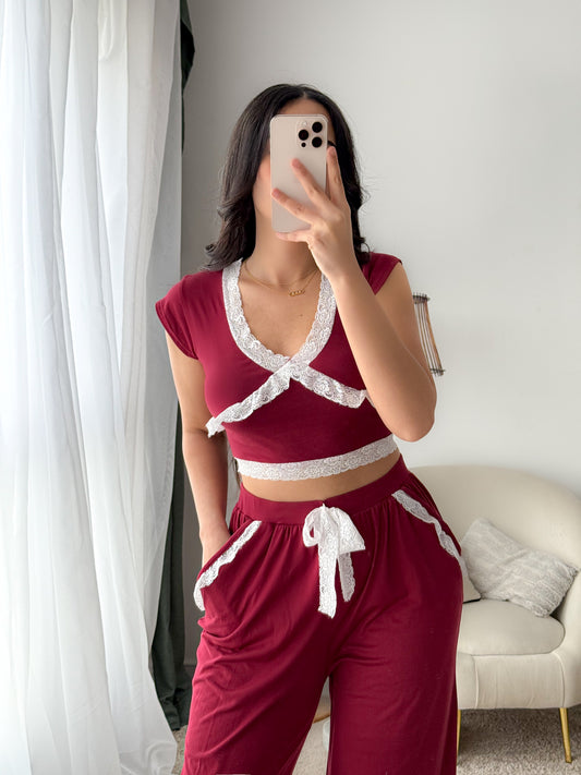 Pyjama demi manche dentelle Bordeaux CARIN