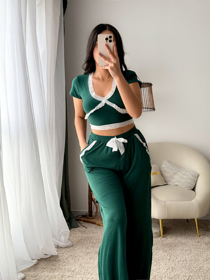 Pyjama demi manche dentelle vert CARIN