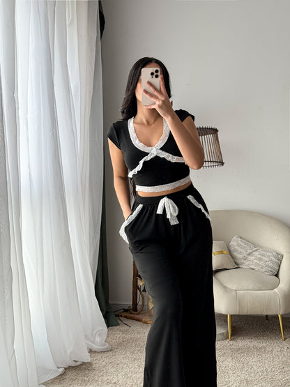 Pyjama demi manche dentelle noir CARIN