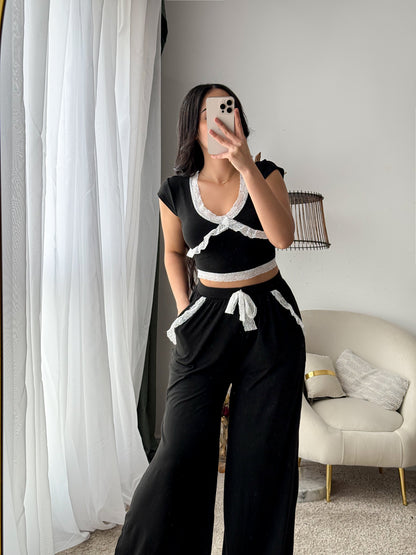 Pyjama demi manche dentelle noir CARIN
