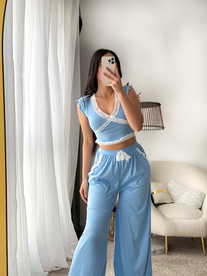 Pyjama demi manche dentelle bleu CARIN