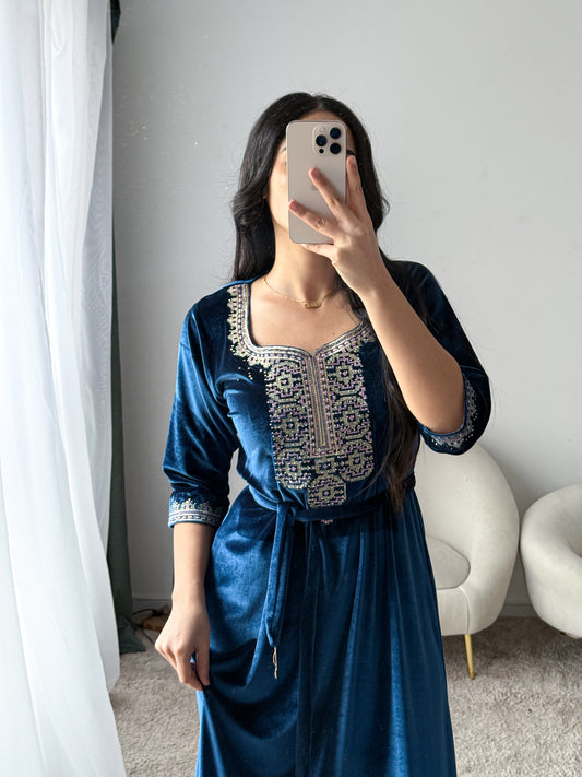 Robe d'hôtesse velours bleu vert ROFIDA