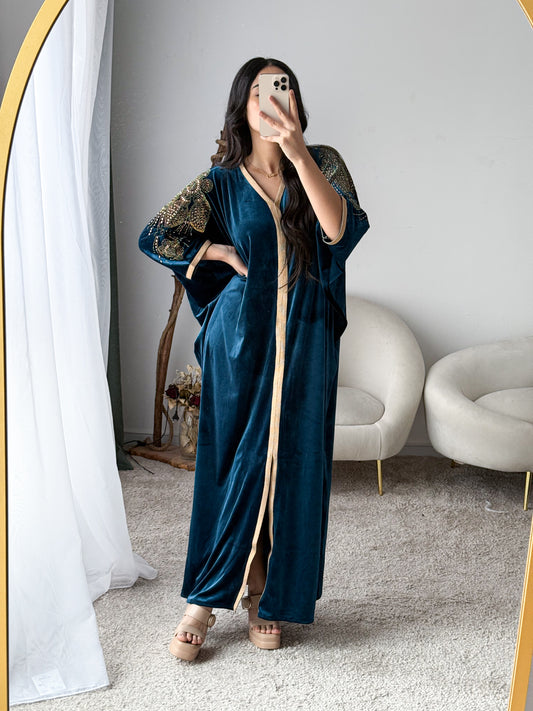 Robe d'hôtesse velours bleu vert NEHAD