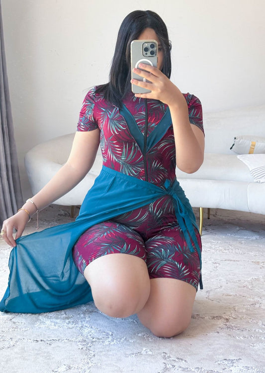 Maillot de bain 2 pièces combi rouge paréo vert ONDINE