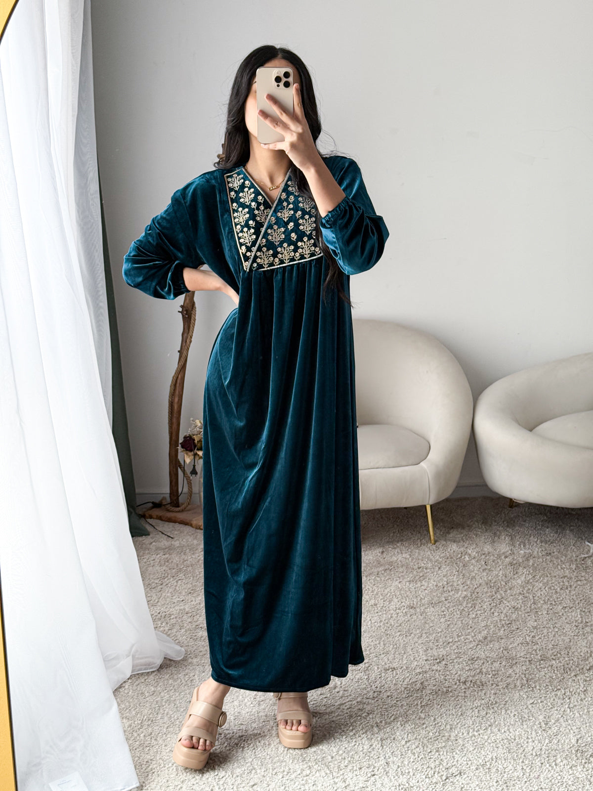 Robe d'hôtesse velours vert bleu RIHANNA