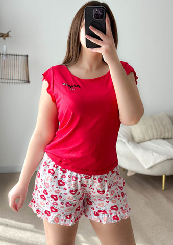 Pyjama femme demi-manche short rouge KISSY