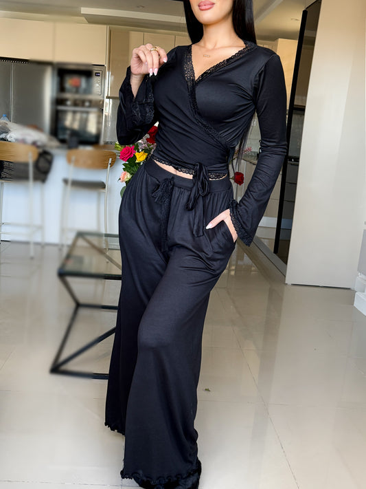 Ensemble Pilâtes manche long dentelle noir VIOLITA