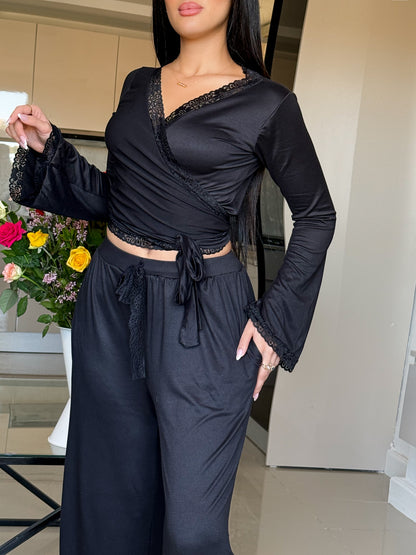 Ensemble Pilâtes manche long dentelle noir VIOLITA