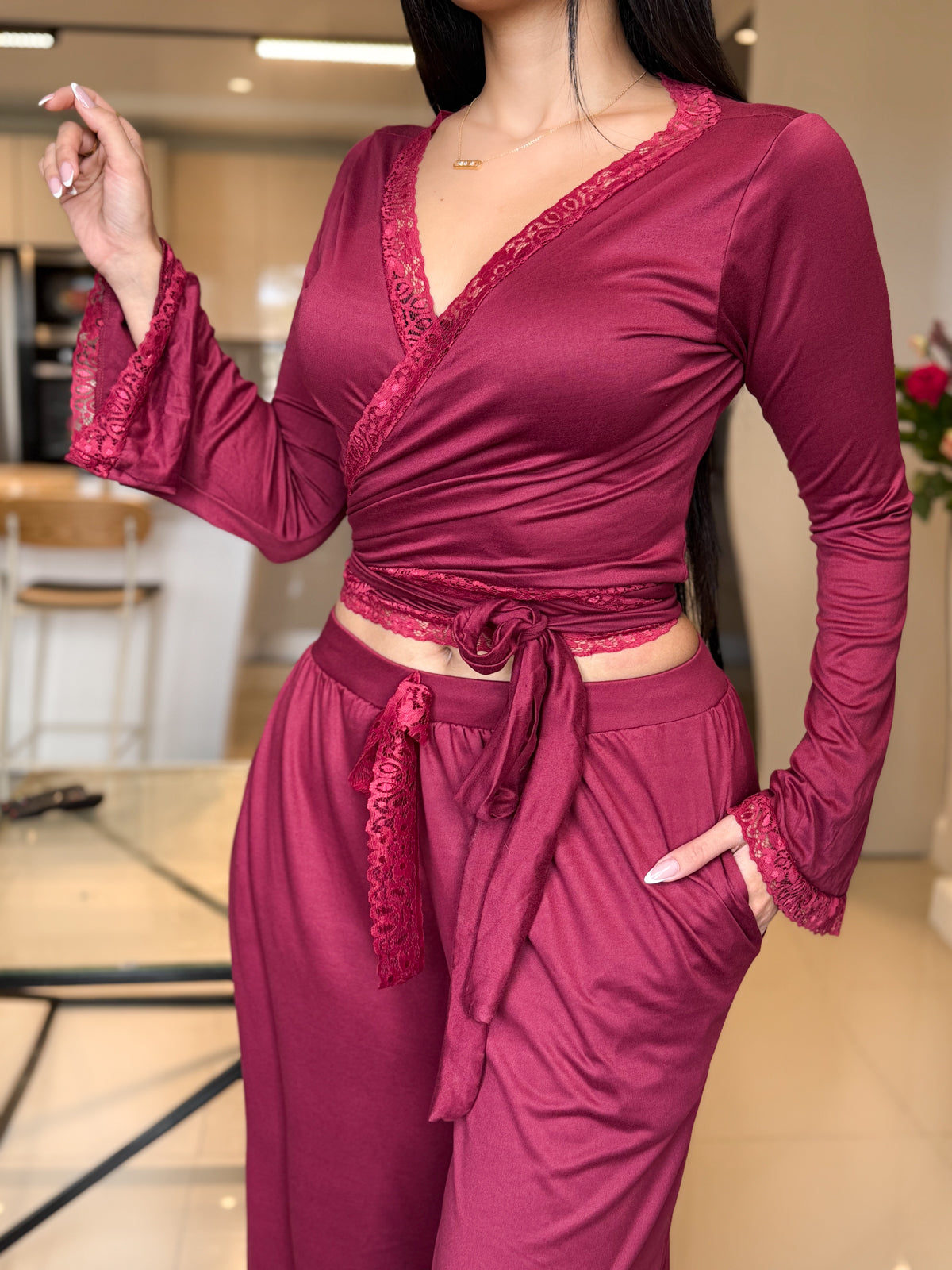 Ensemble Pilâtes manche long dentelle burgundy VIOLITA