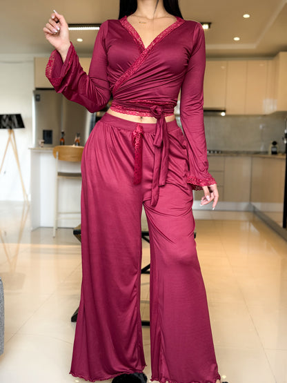 Ensemble Pilâtes manche long dentelle burgundy VIOLITA