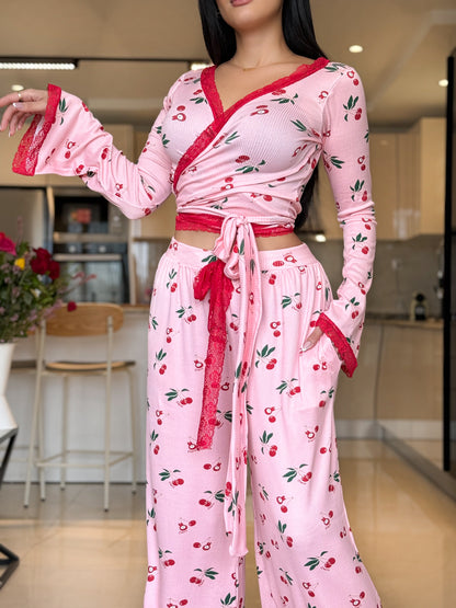 Ensemble Pilâtes manche long dentelle rose a motif cerise PUDDING