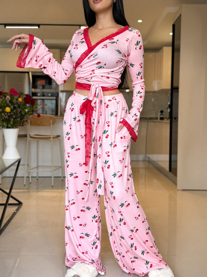 Ensemble Pilâtes manche long dentelle rose a motif cerise PUDDING