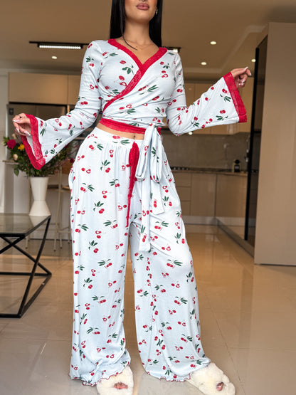 Ensemble Pilâtes manche long dentelle bleu a motif cerise PUDDING