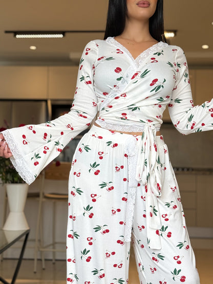 Ensemble Pilâtes manche long dentelle blanc a motif cerise PUDDING