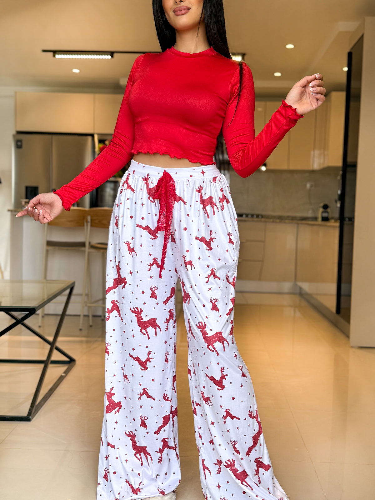 Pyjama crop-top femme rouge motif gazelle ADRIANA