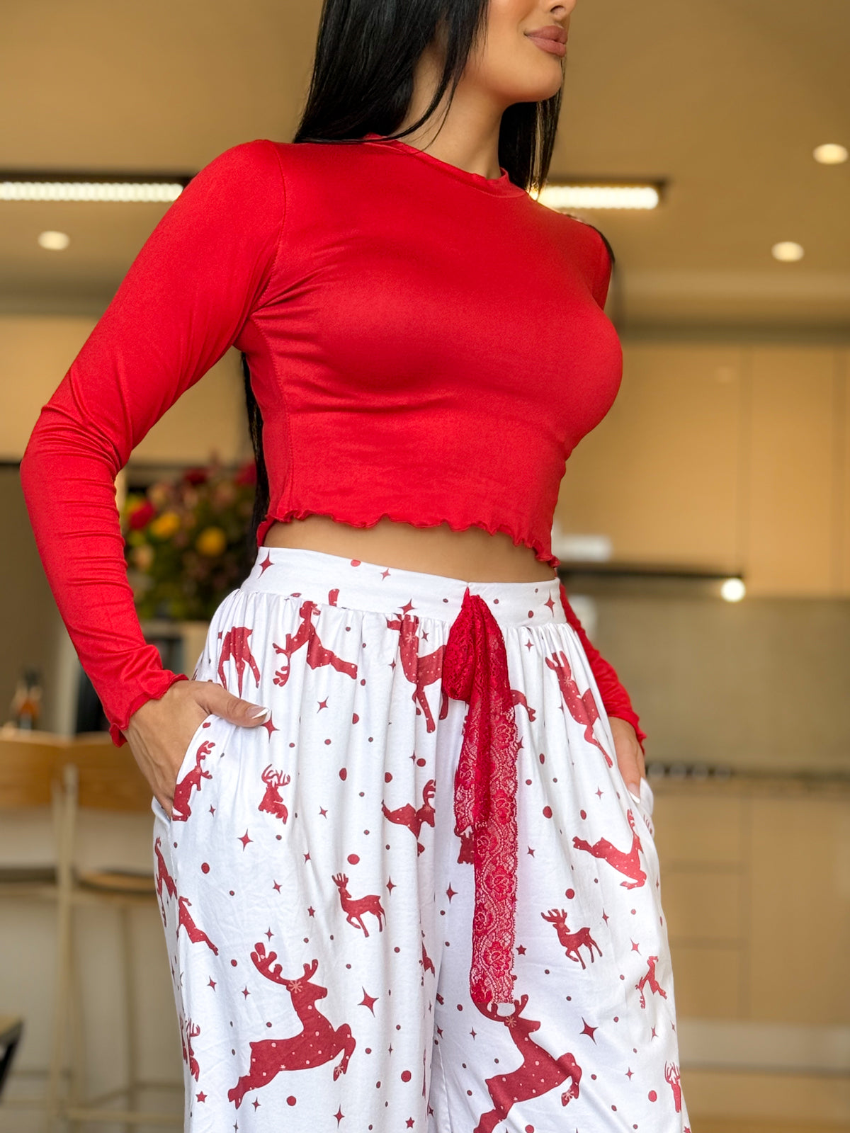 Pyjama crop-top femme rouge motif gazelle ADRIANA