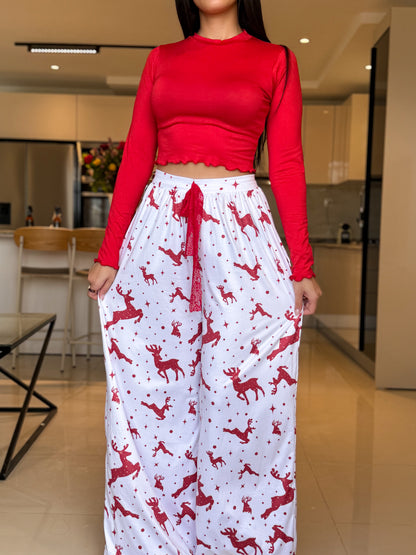 Pyjama crop-top femme rouge motif gazelle ADRIANA