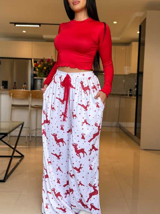 Pyjama crop-top femme rouge motif gazelle ADRIANA