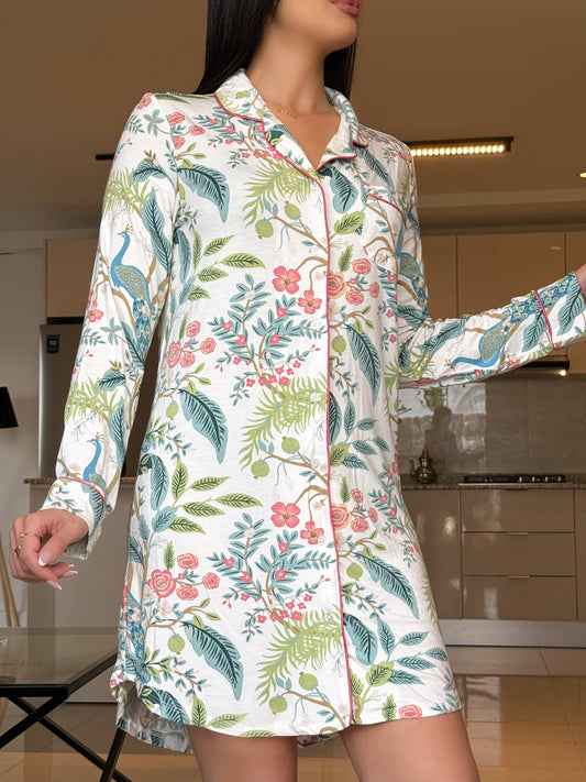 Chemise de nuit blanche a fleur vert LAYANE