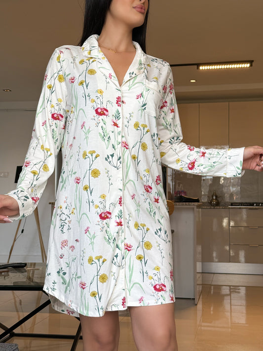 Chemise de nuit beige a fleur jaune LAYANE