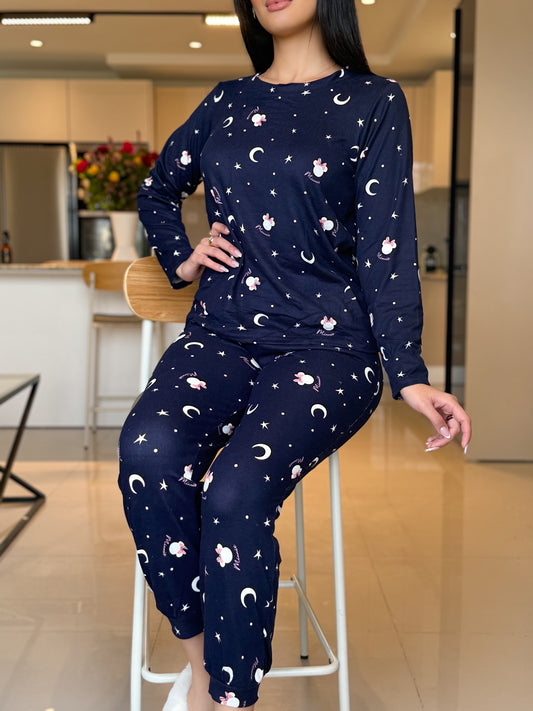 Pyjama manche long femme noir a motif étoile LOU